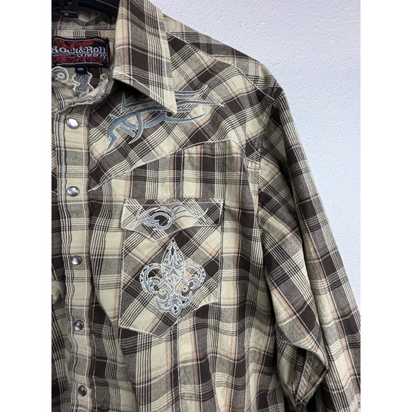 Rock & Roll Cowboy 2XL Brown Plaid Long Sleeve Pearl Snap Button Shirt - Picture 5 of 12